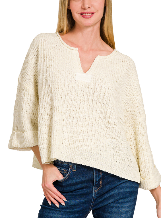 Front slit patch folded sleeve pullover