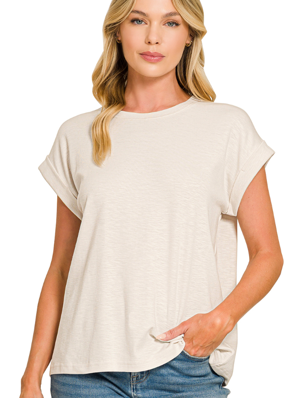 Cotton modal slub rolled sleeve tee
