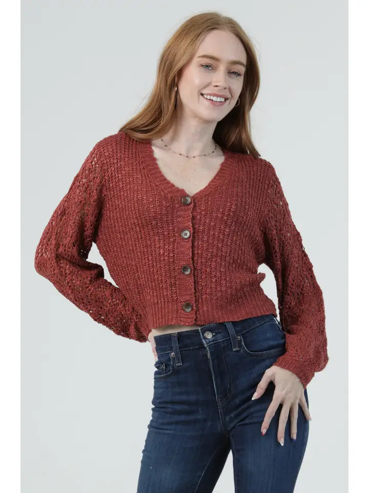 V Neck Button Front Open Knit Sleeves Cardigan