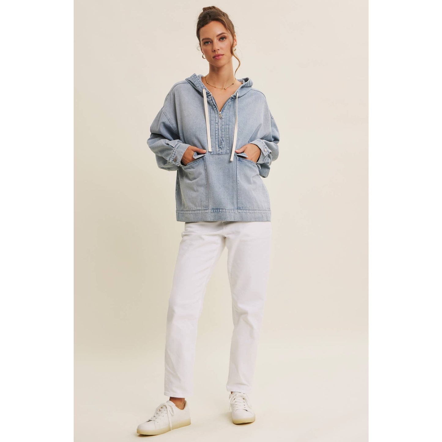 CRAVING COMFORT MINERAL-WASHED DENIM HOODED PULLOVER