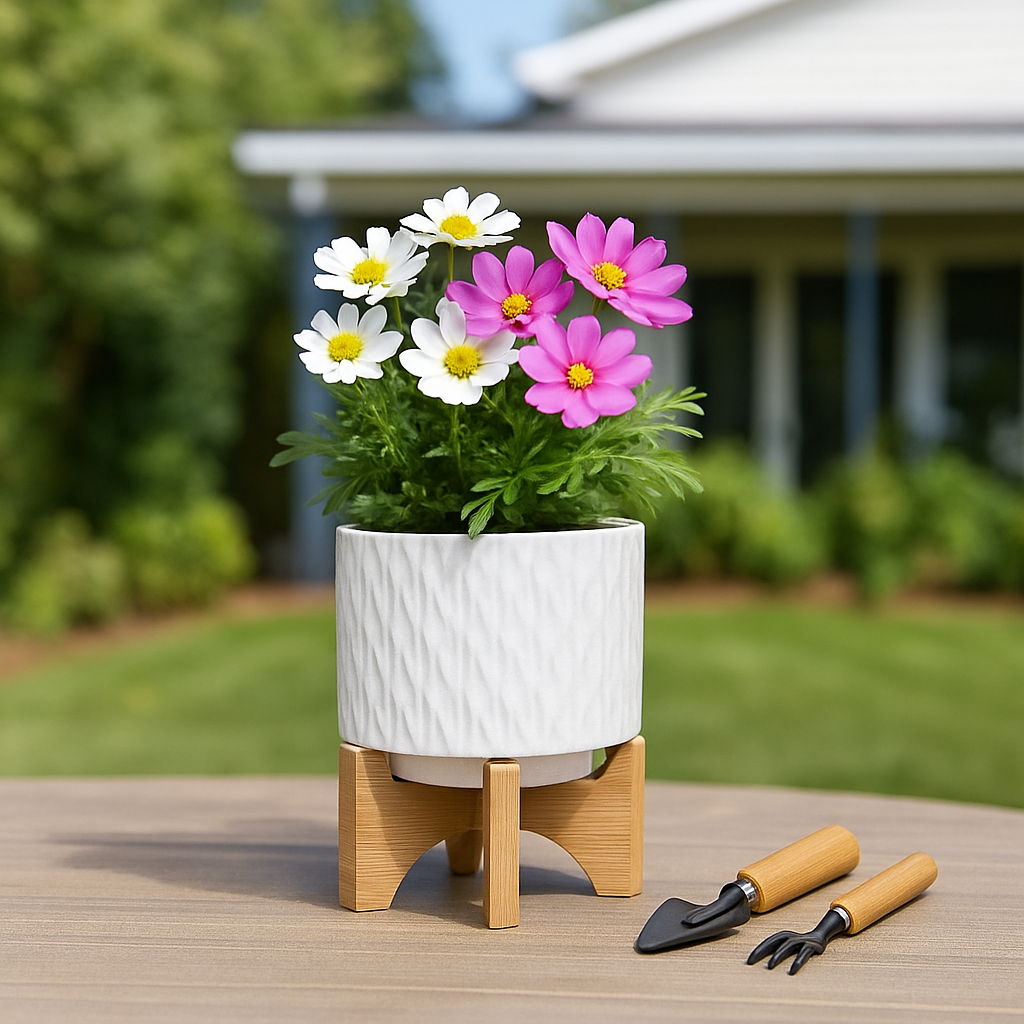 White Ceramic Round Chevron on Wood Stand