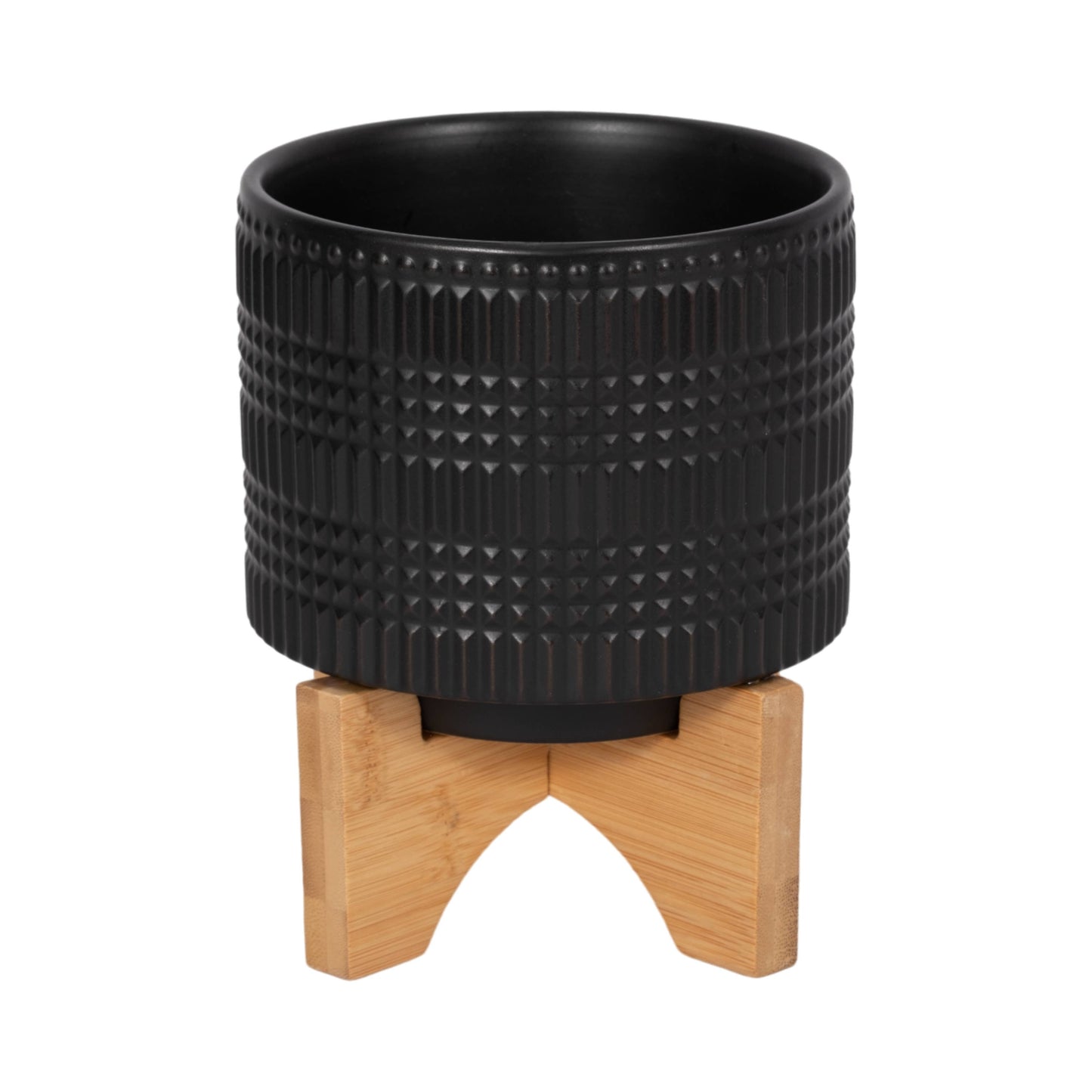 Black Ceramic Round Tribal with Wood Base