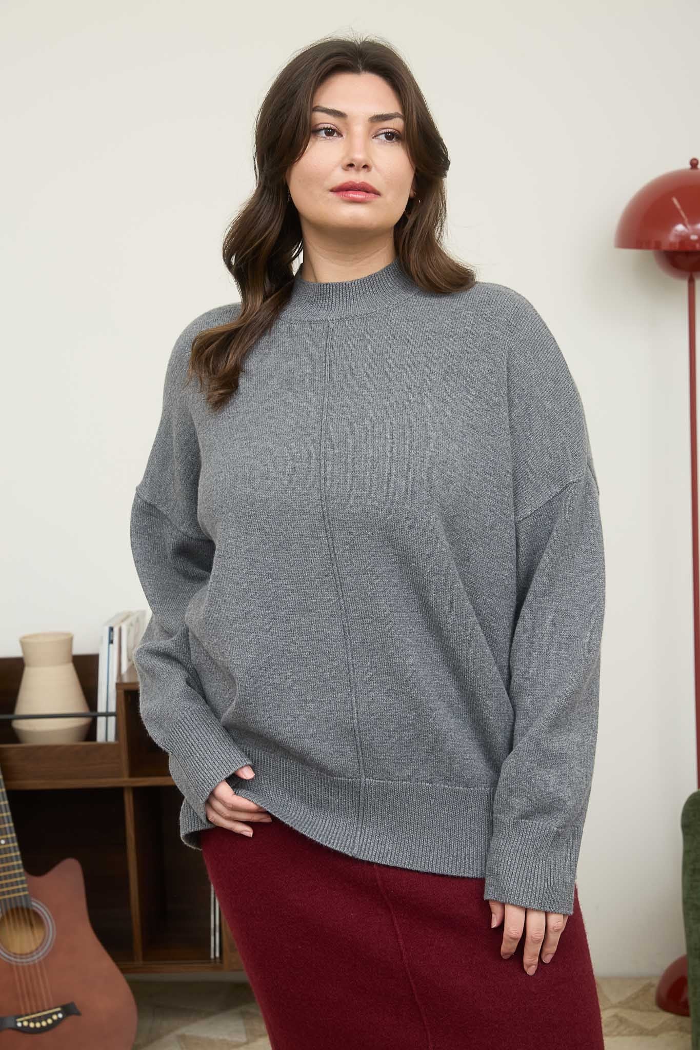 Mock Neck Front-Seam Knit Sweater