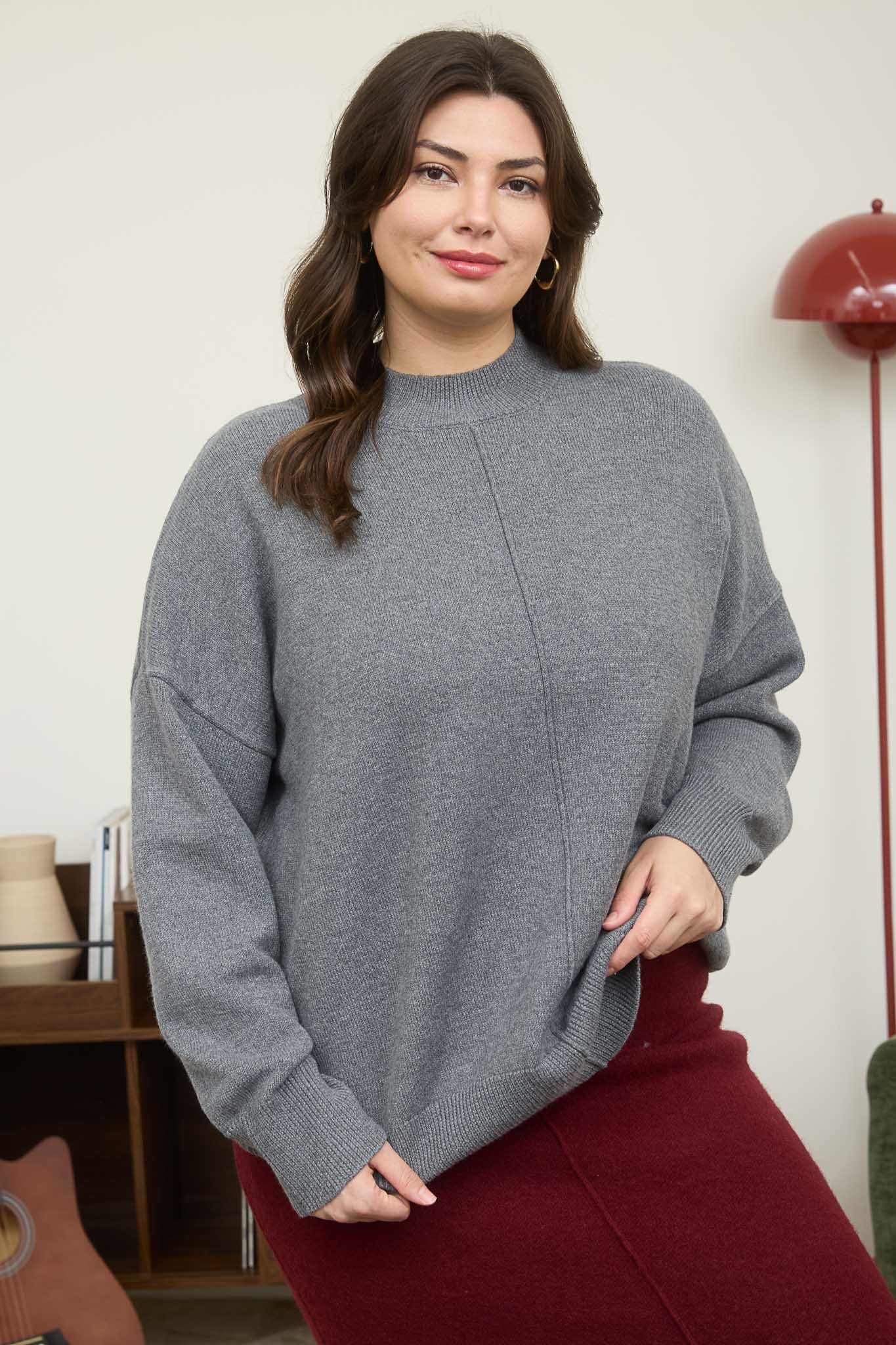 Mock Neck Front-Seam Knit Sweater