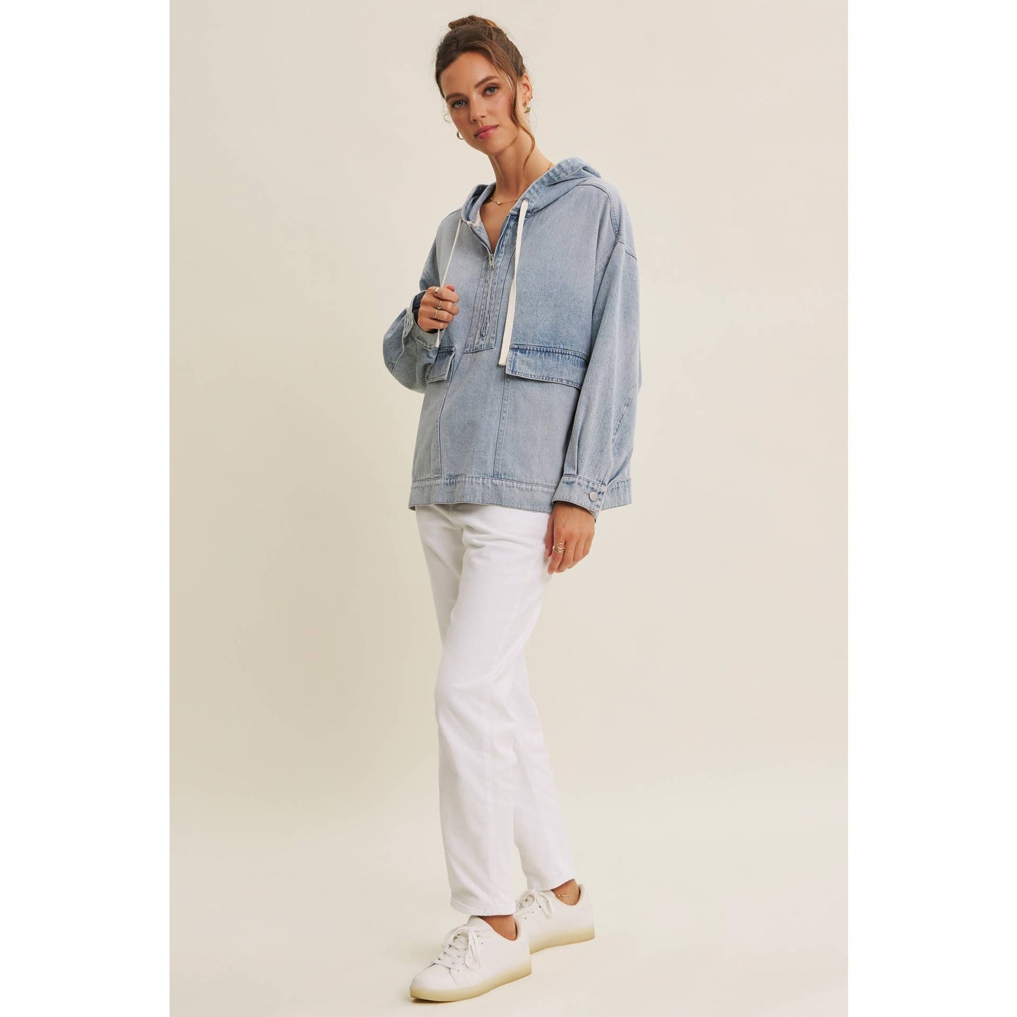 CRAVING COMFORT MINERAL-WASHED DENIM HOODED PULLOVER