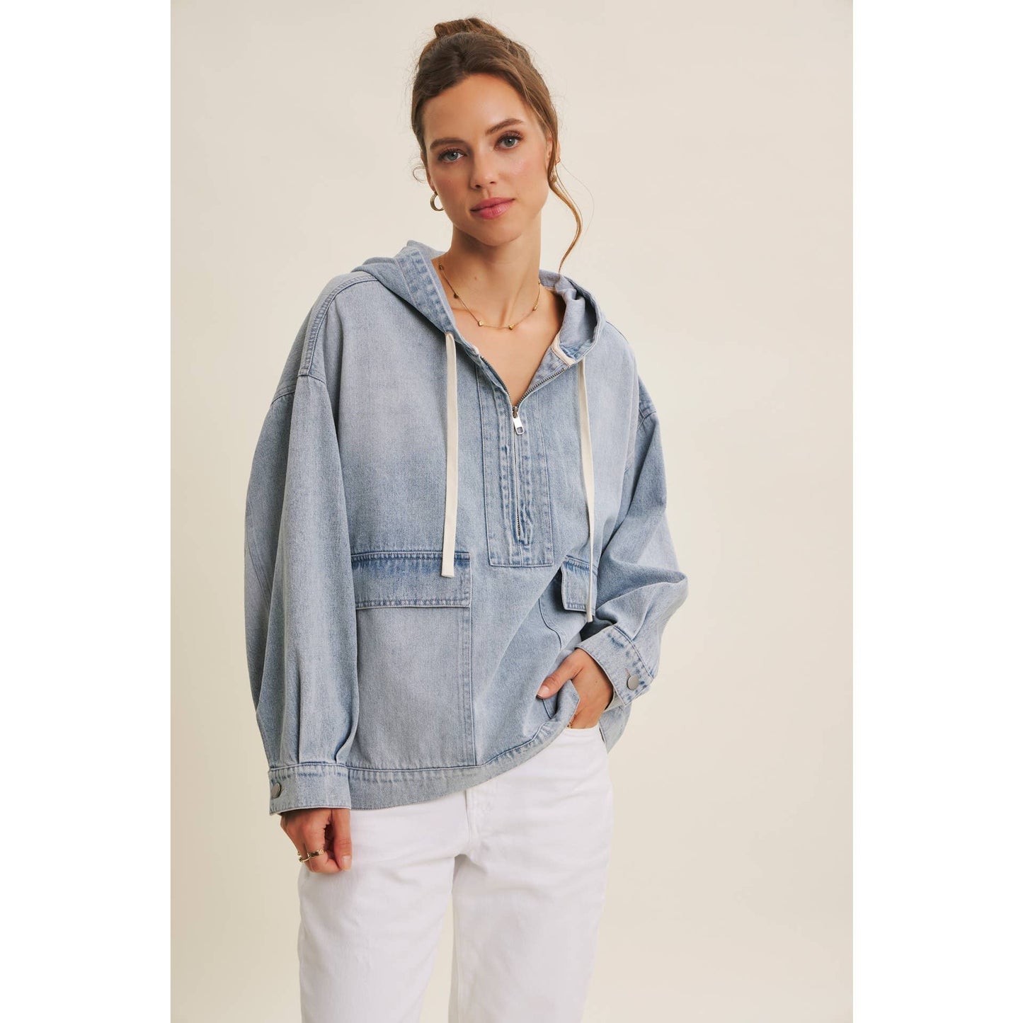 CRAVING COMFORT MINERAL-WASHED DENIM HOODED PULLOVER