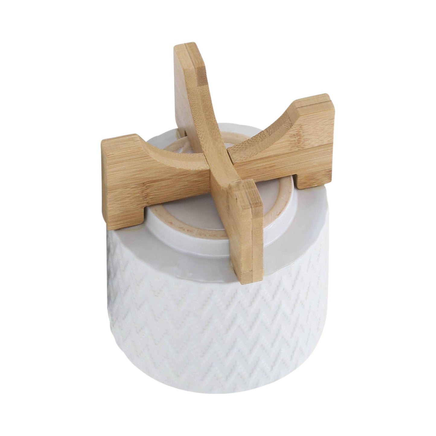White Ceramic Round Chevron on Wood Stand