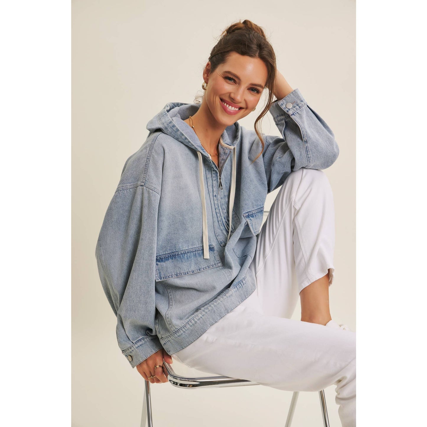 CRAVING COMFORT MINERAL-WASHED DENIM HOODED PULLOVER