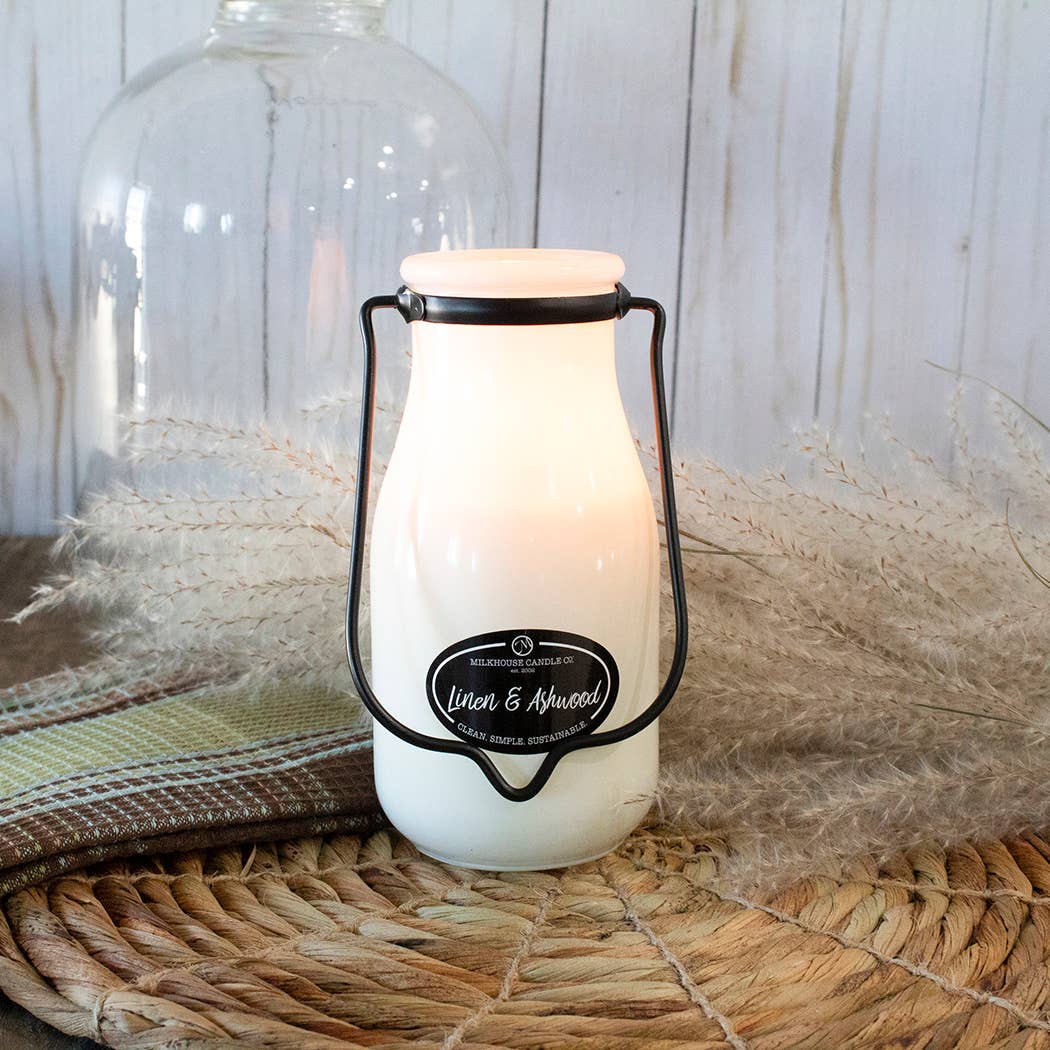 14 oz Milkbottle Candle: Linen & Ashwood