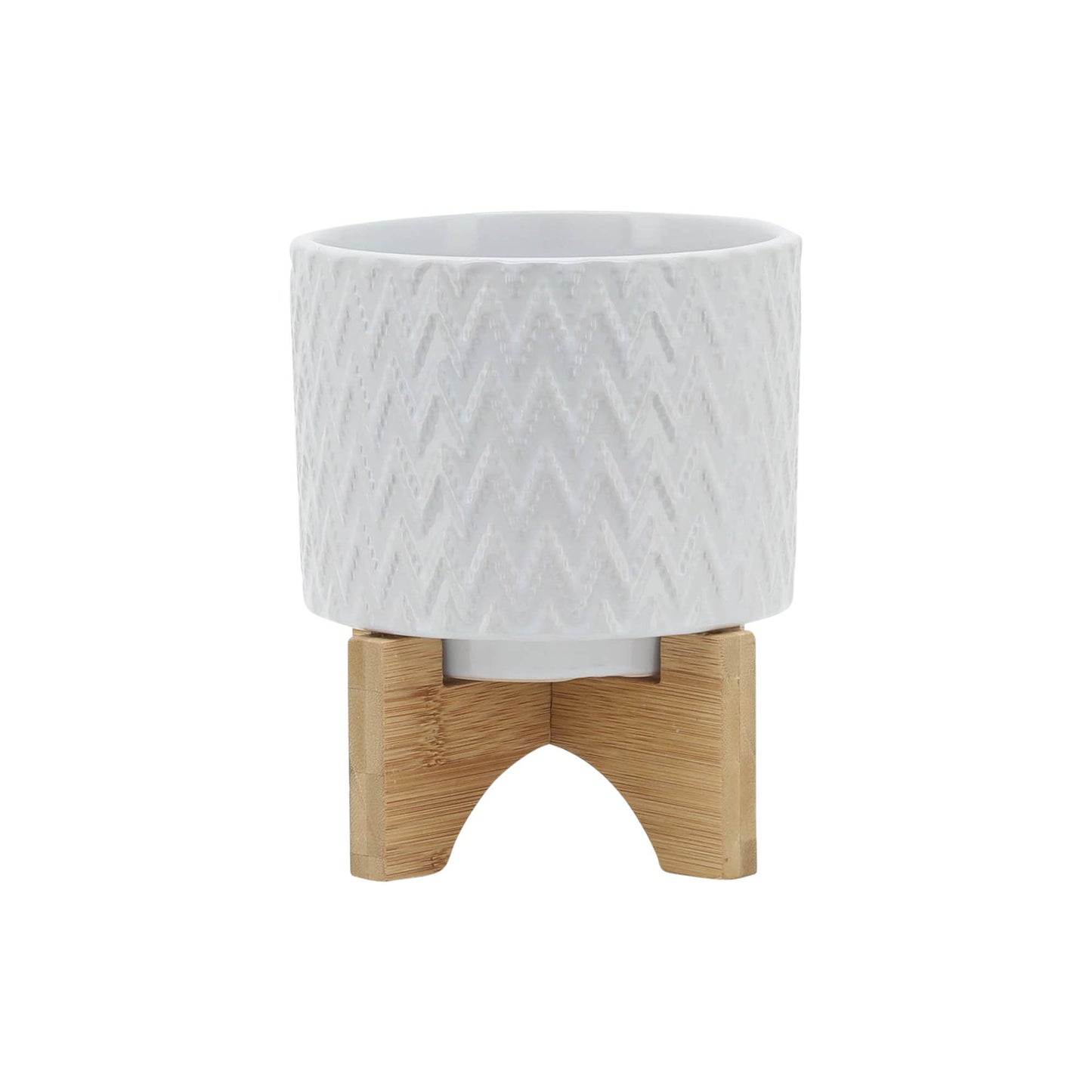 White Ceramic Round Chevron on Wood Stand