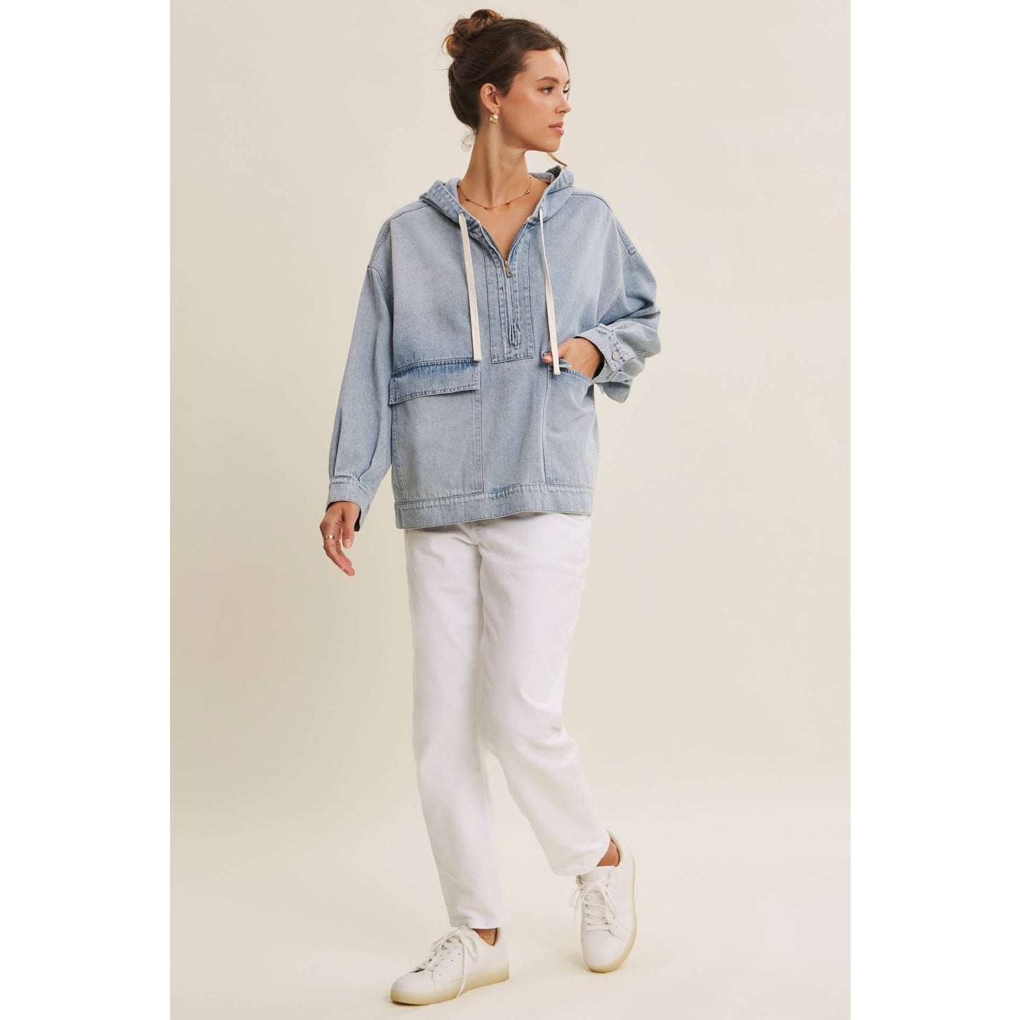 CRAVING COMFORT MINERAL-WASHED DENIM HOODED PULLOVER