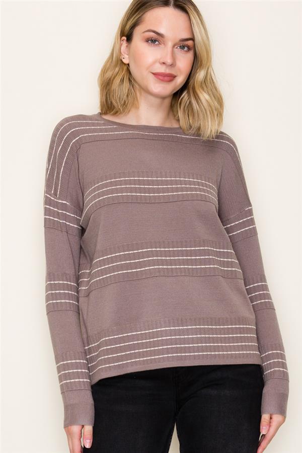 Stitch-Striped Crew Neck Pullover Sweater