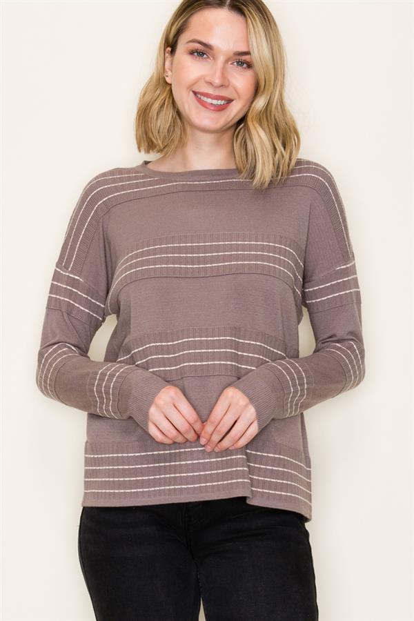 Stitch-Striped Crew Neck Pullover Sweater