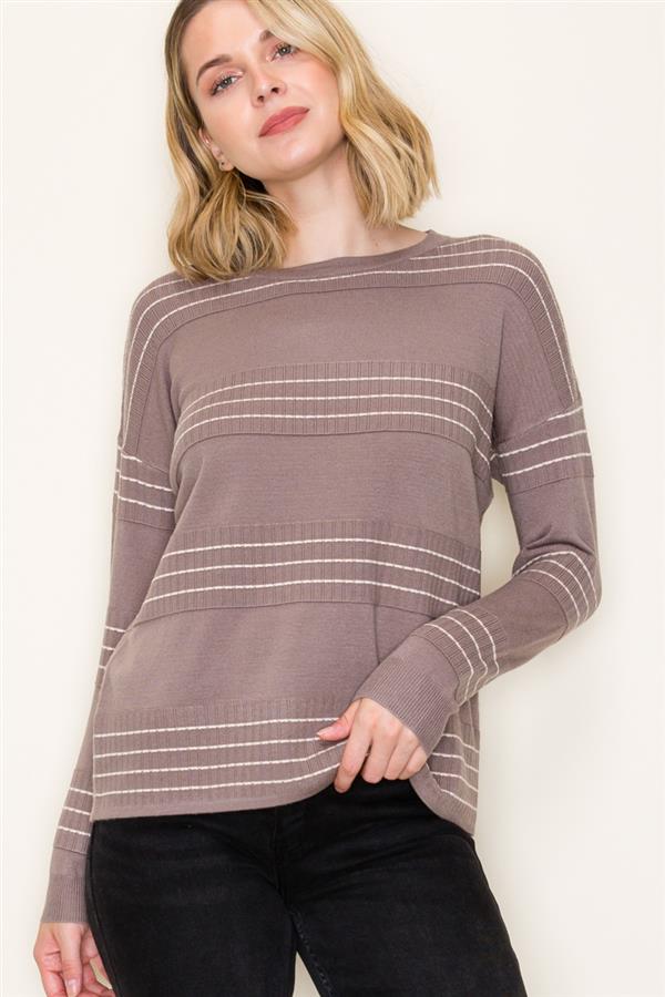 Stitch-Striped Crew Neck Pullover Sweater