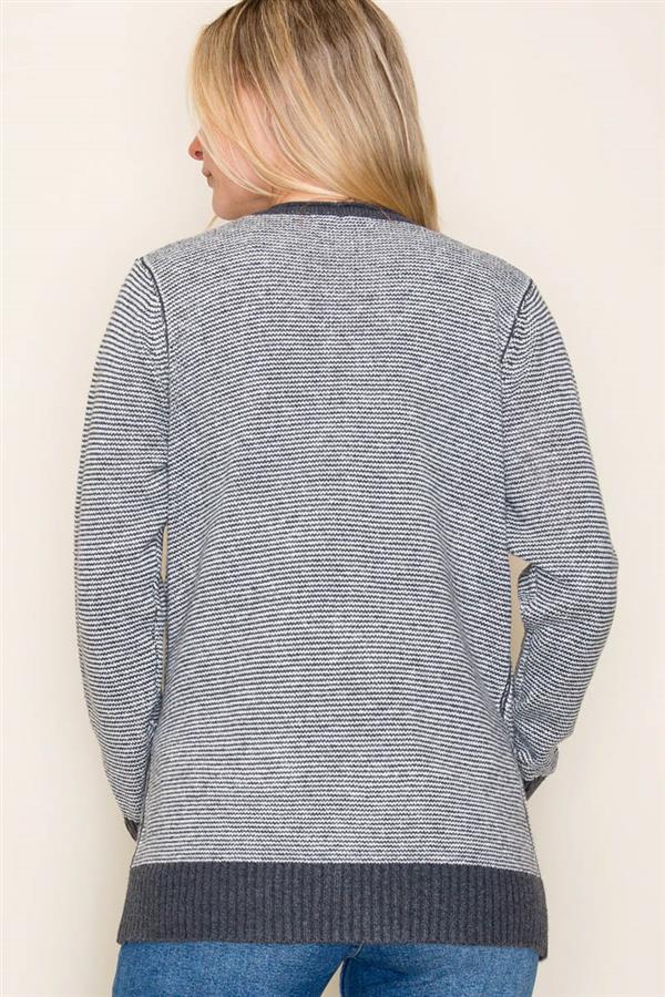 Contrast Trim Pinstriped Open-Front Cardigan