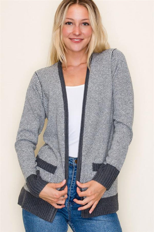 Contrast Trim Pinstriped Open-Front Cardigan