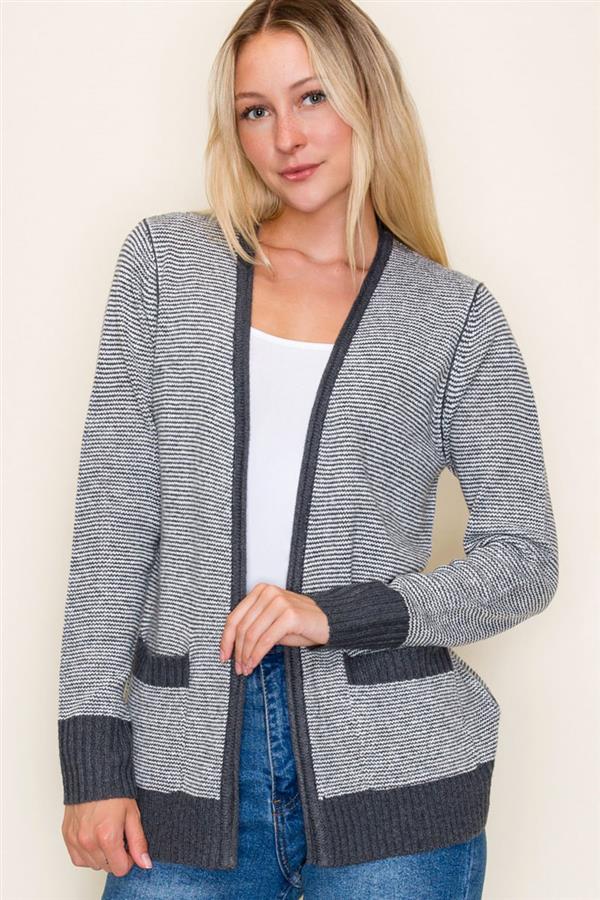 Contrast Trim Pinstriped Open-Front Cardigan