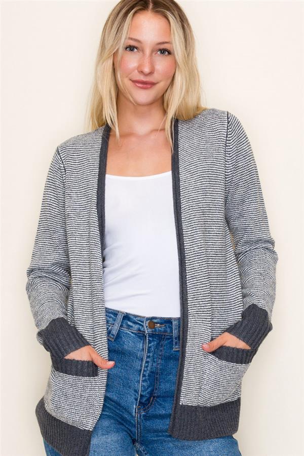 Contrast Trim Pinstriped Open-Front Cardigan