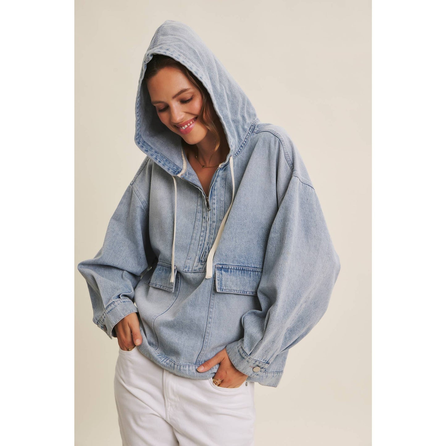 CRAVING COMFORT MINERAL-WASHED DENIM HOODED PULLOVER