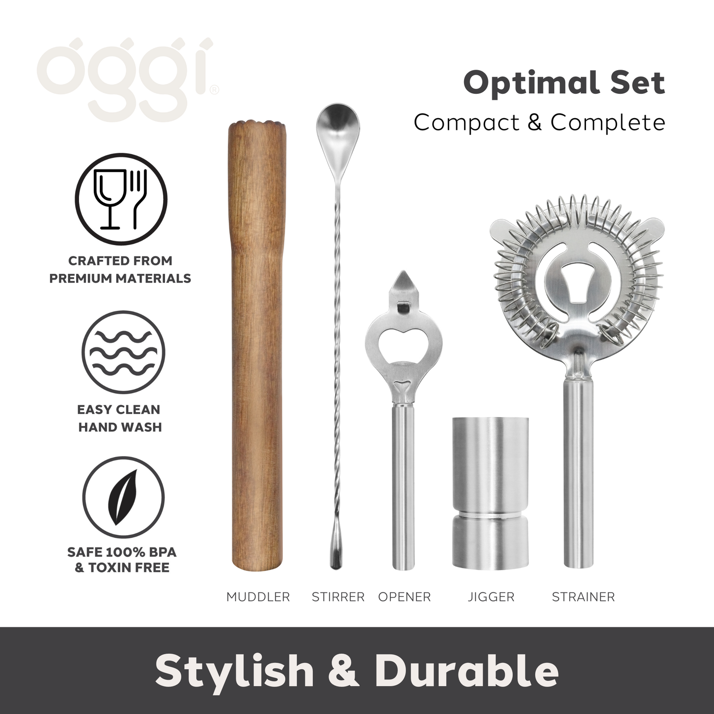Bar Tool Set 6 pc - Acacia / Stainless Steel