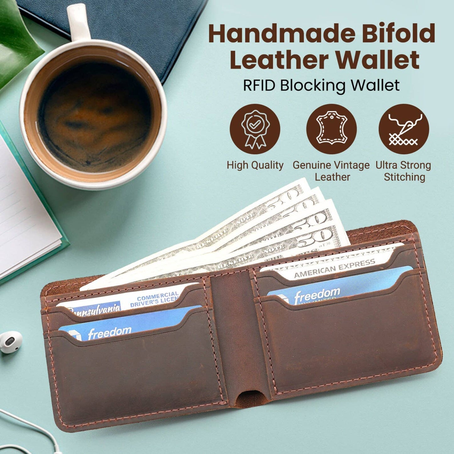 Genuine Leather Bifold Wallet Handmade Wallet for Men Rustic