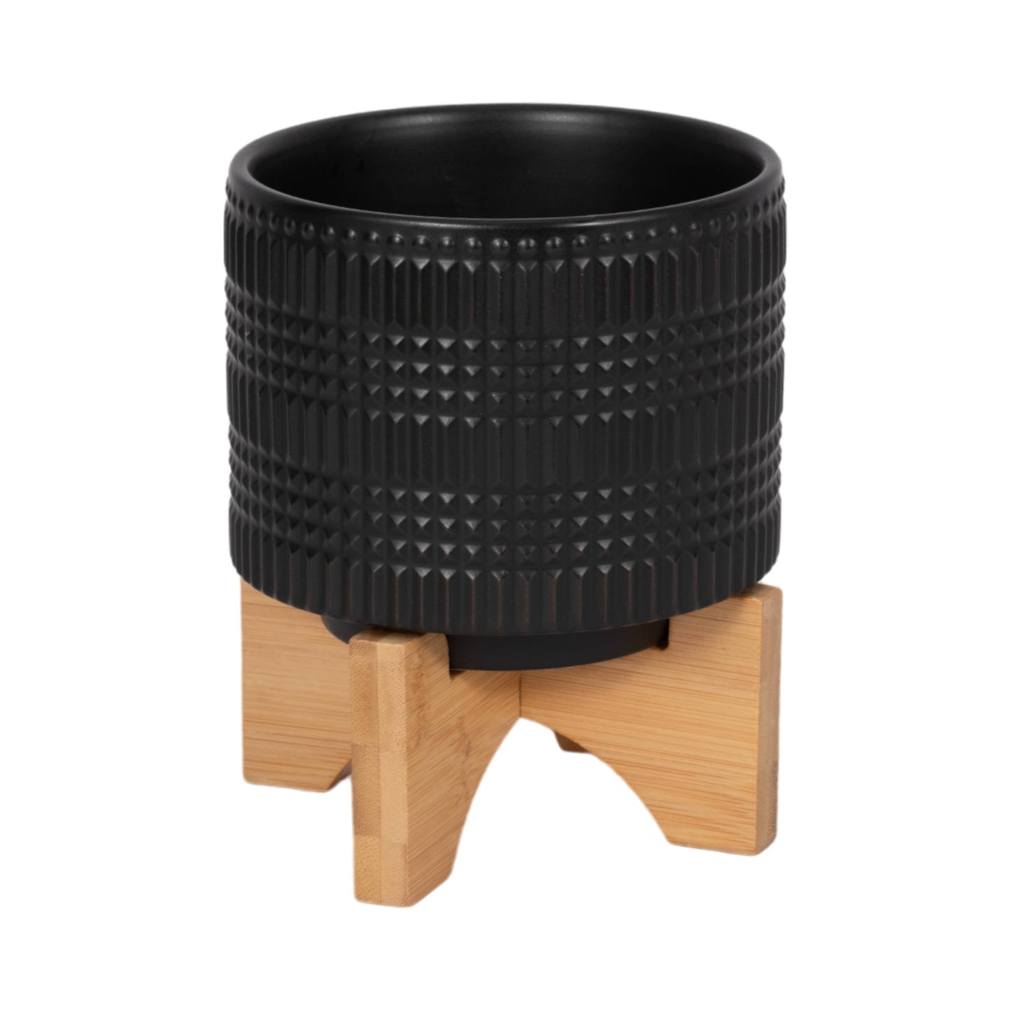 Black Ceramic Round Tribal with Wood Base
