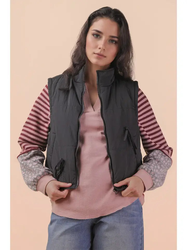 Tie Detail Mock Neck Casual Puffer Vest