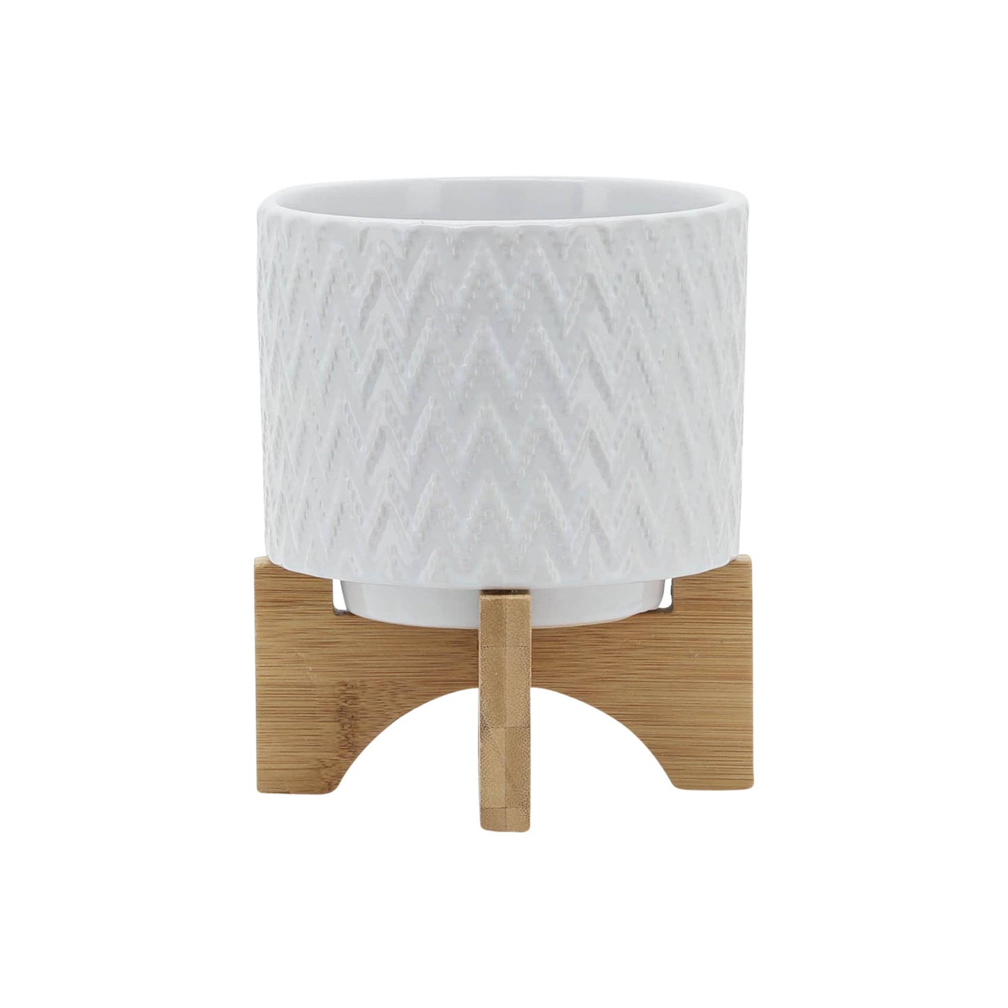 White Ceramic Round Chevron on Wood Stand