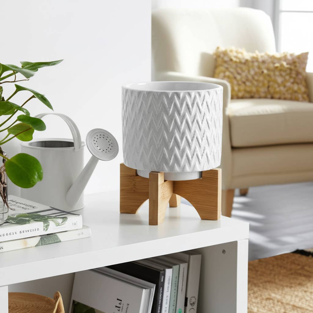 White Ceramic Round Chevron on Wood Stand
