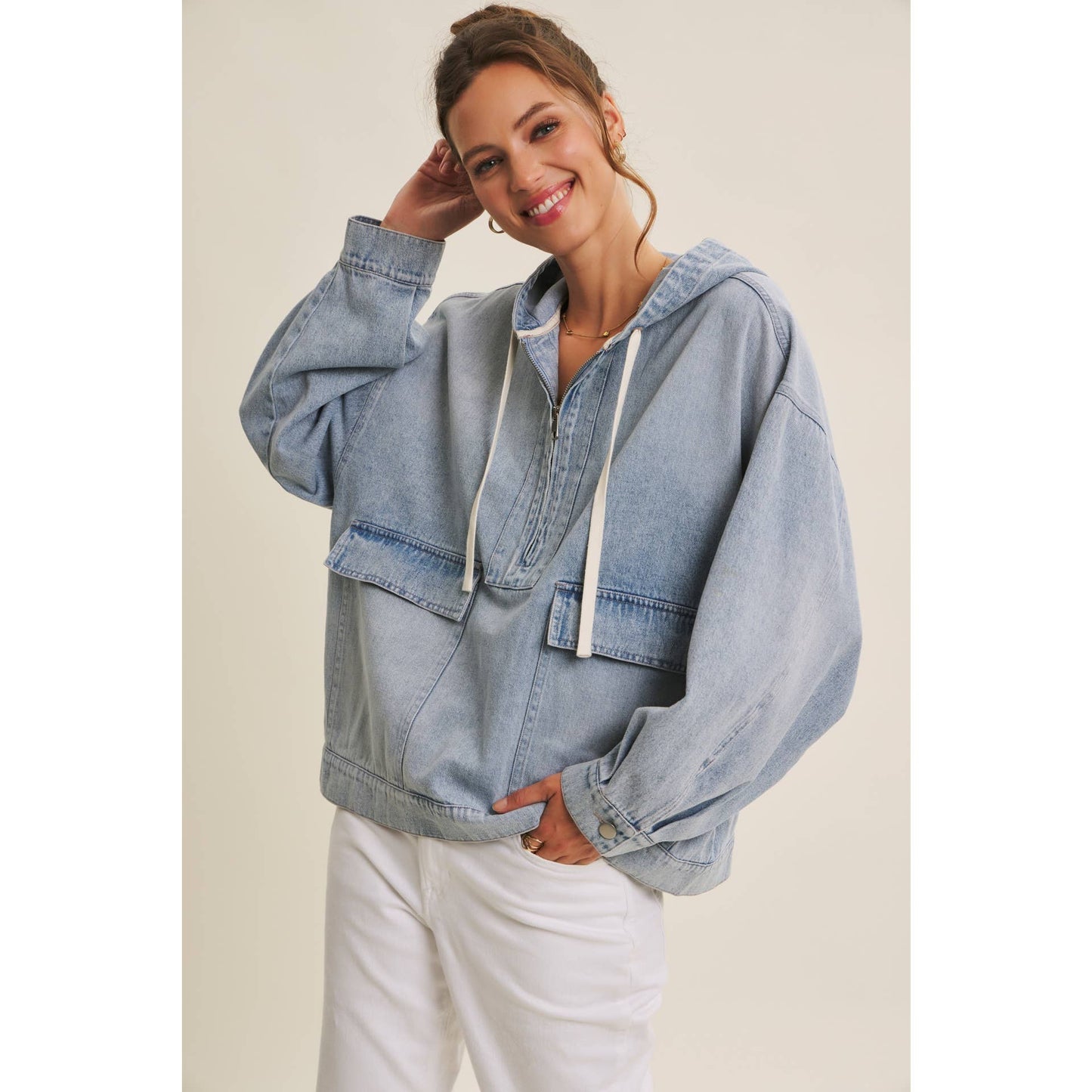 CRAVING COMFORT MINERAL-WASHED DENIM HOODED PULLOVER