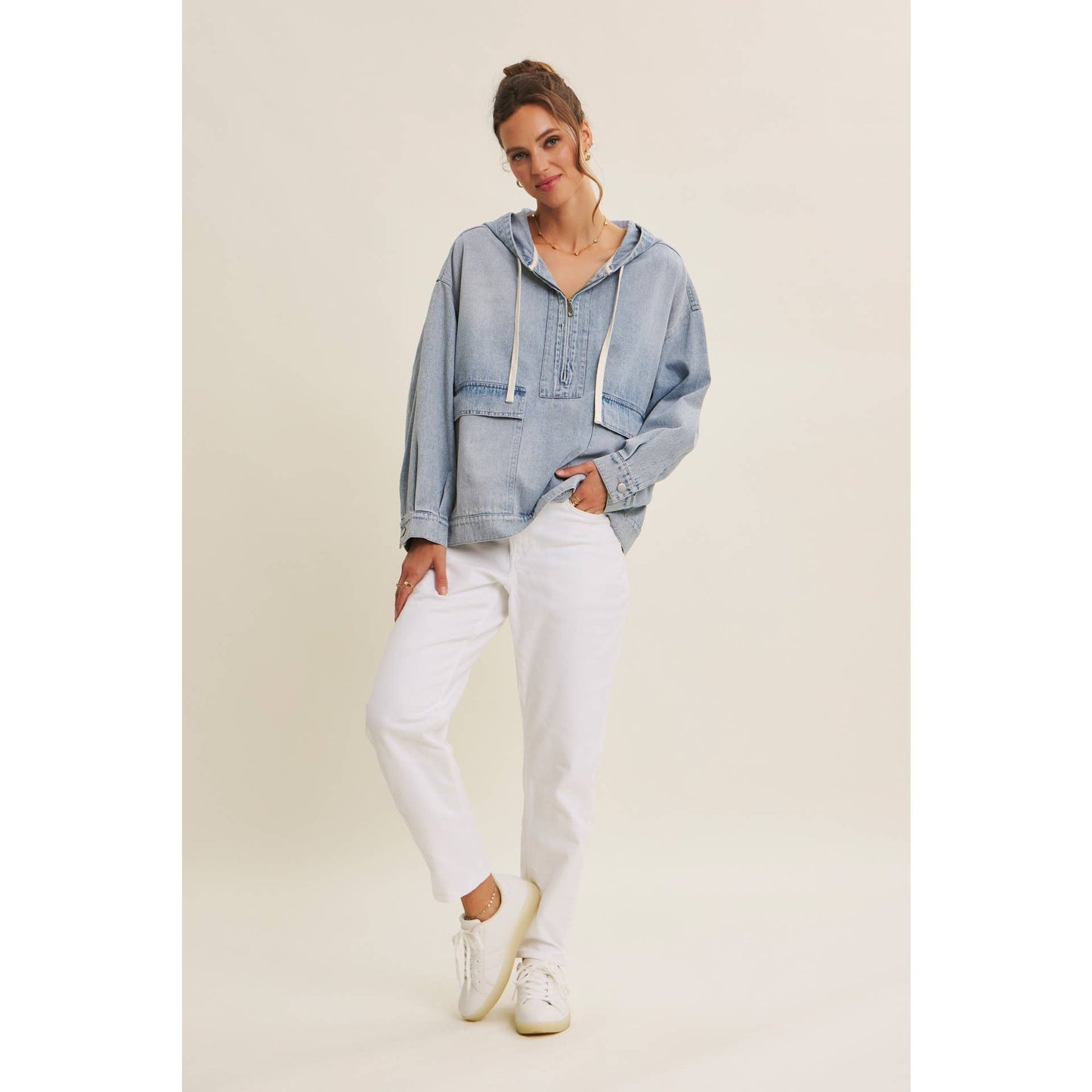 CRAVING COMFORT MINERAL-WASHED DENIM HOODED PULLOVER