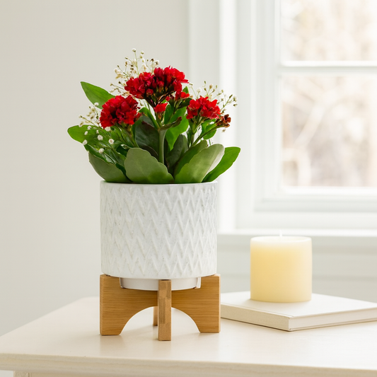 White Ceramic Round Chevron on Wood Stand