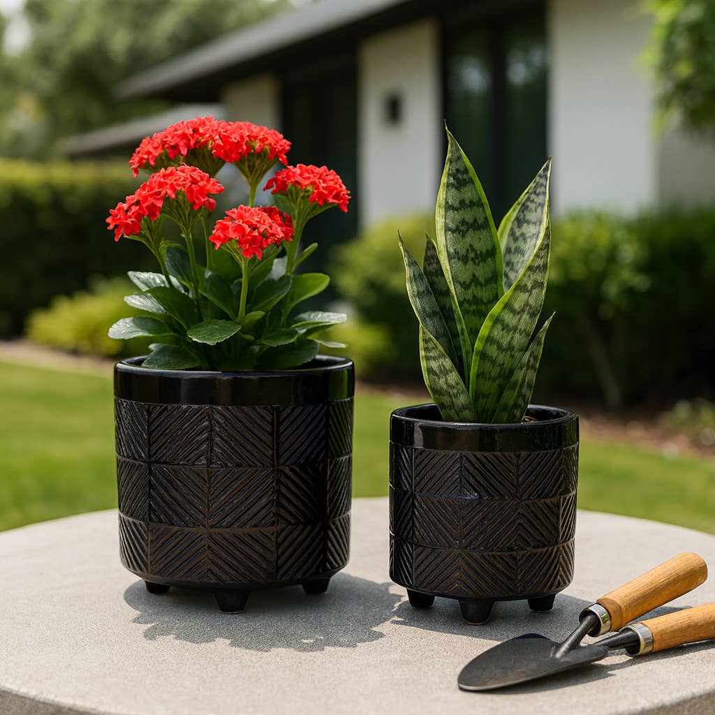 Black Ceramic Textured Footed