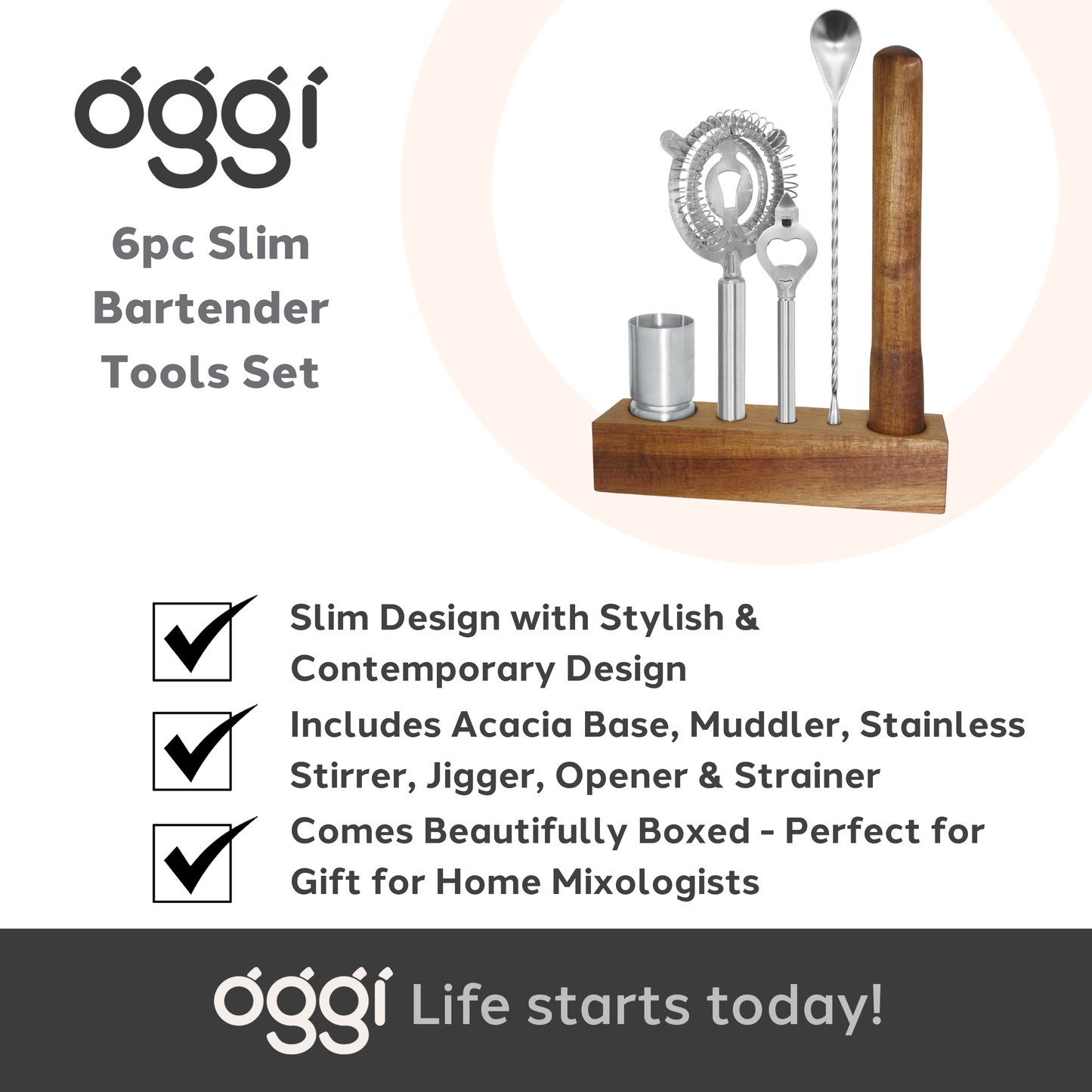 Bar Tool Set 6 pc - Acacia / Stainless Steel