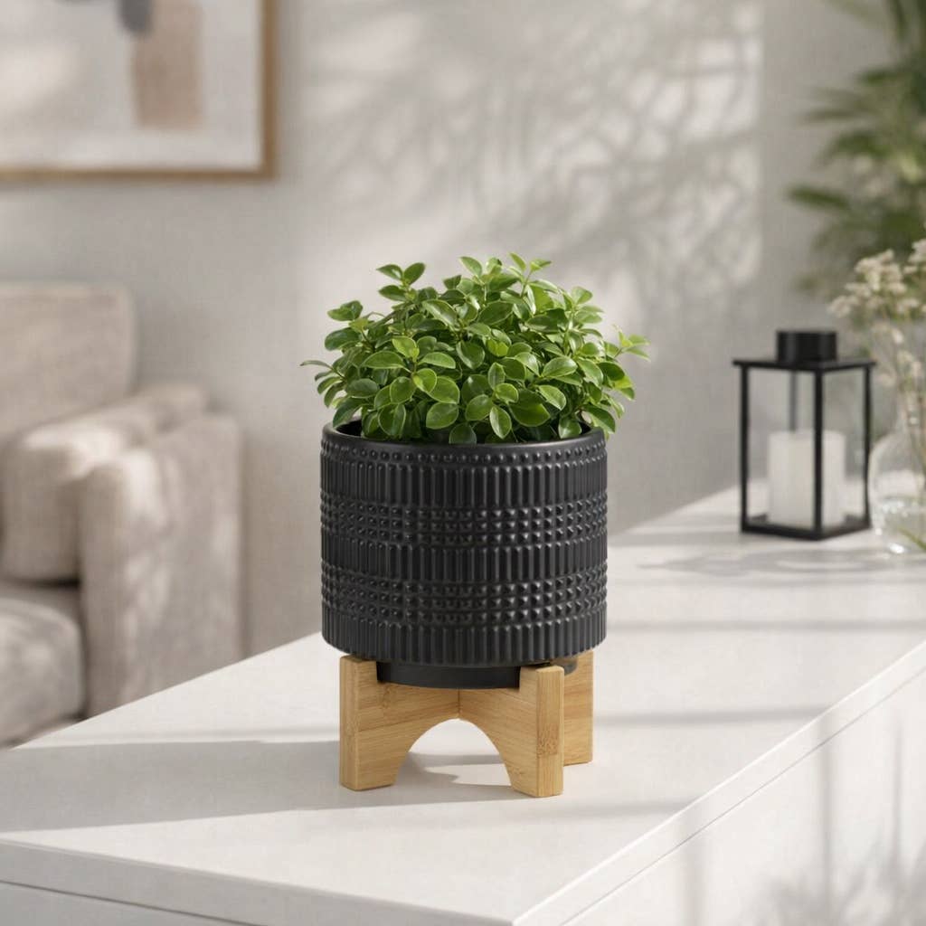 Black Ceramic Round Tribal with Wood Base