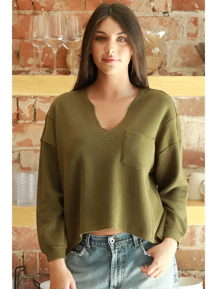 V Neck 1 Pocket Knit Top