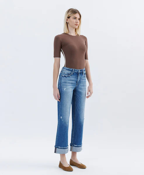 Dark Stone Flying Monkey High Rise Cuffed Slim Wide Leg Jeans