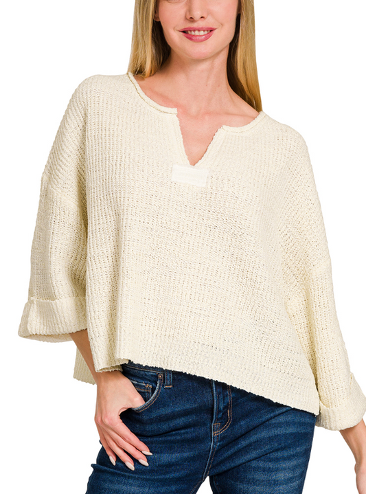 Front slit patch folded sleeve pullover