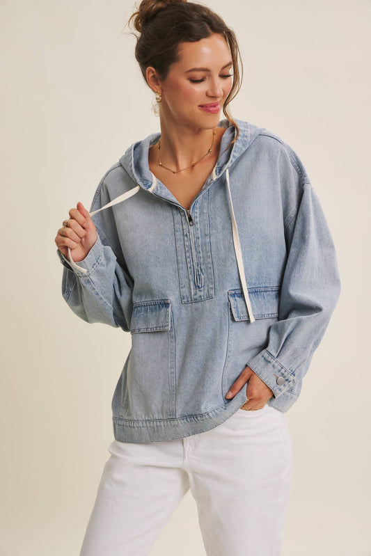 Mineral Wash Denim Half-Zip Pullover