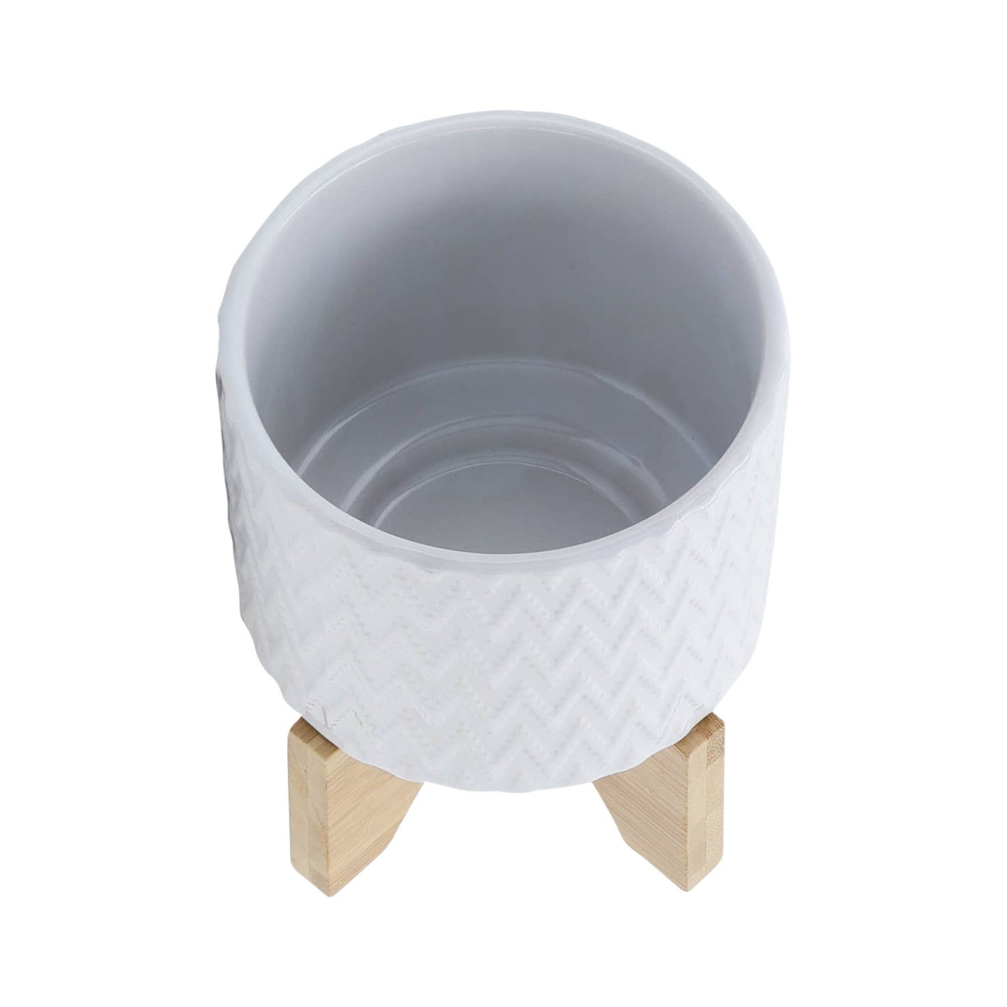 White Ceramic Round Chevron on Wood Stand