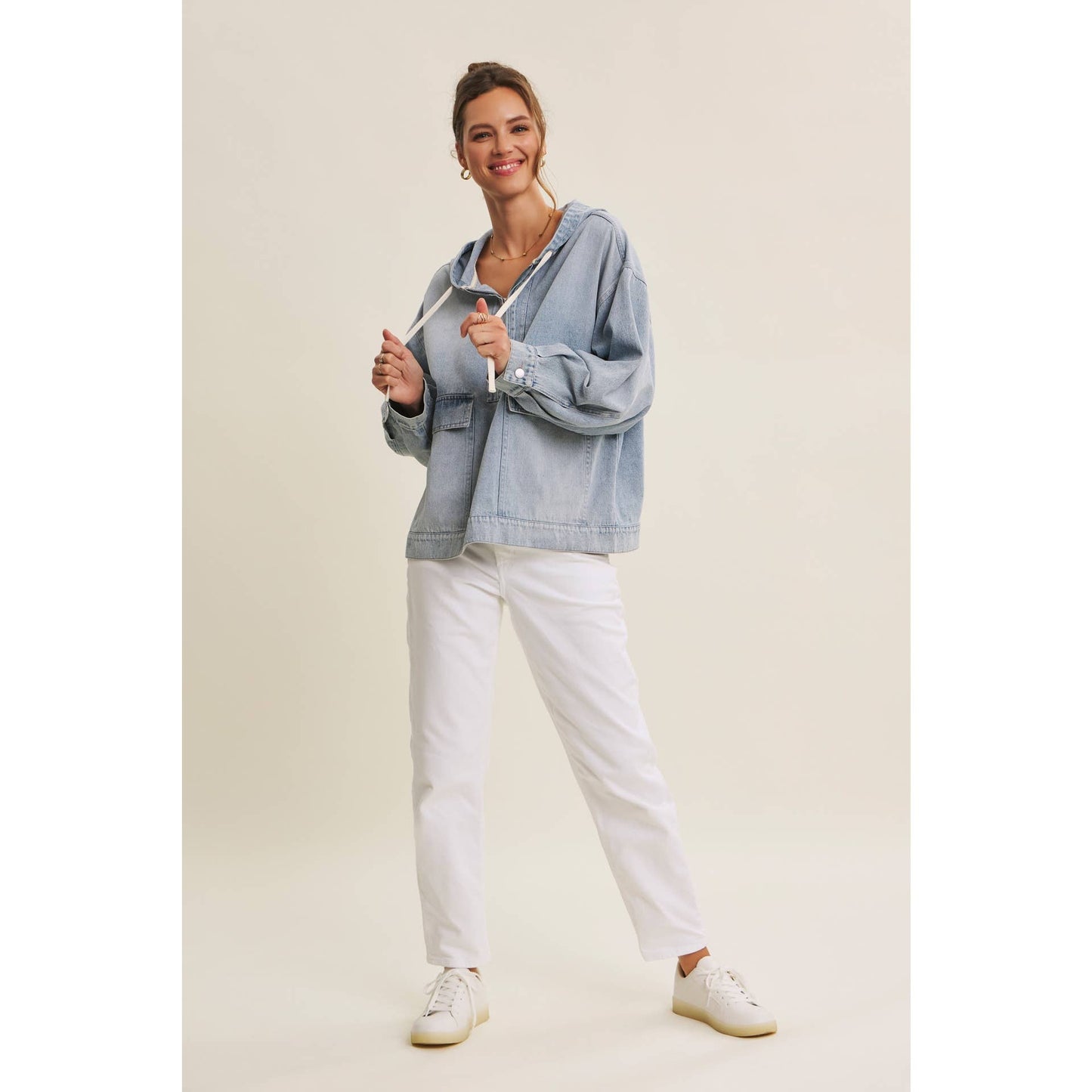CRAVING COMFORT MINERAL-WASHED DENIM HOODED PULLOVER