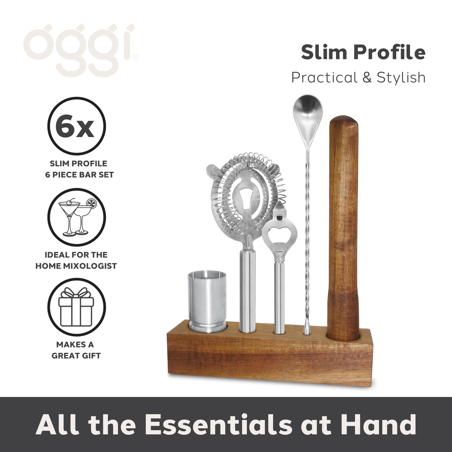 Bar Tool Set 6 pc - Acacia / Stainless Steel