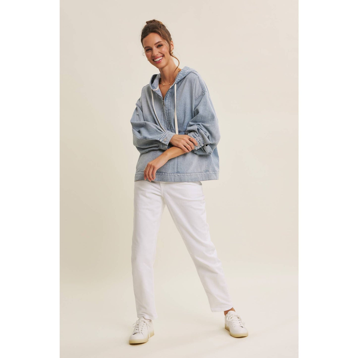 CRAVING COMFORT MINERAL-WASHED DENIM HOODED PULLOVER