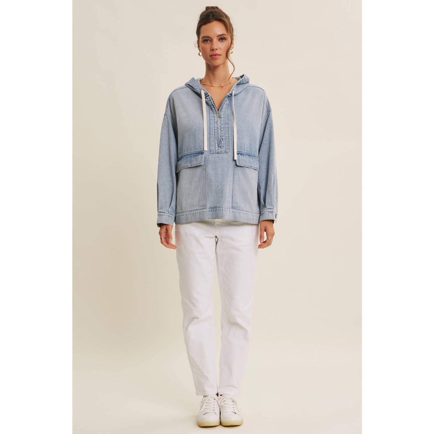 CRAVING COMFORT MINERAL-WASHED DENIM HOODED PULLOVER