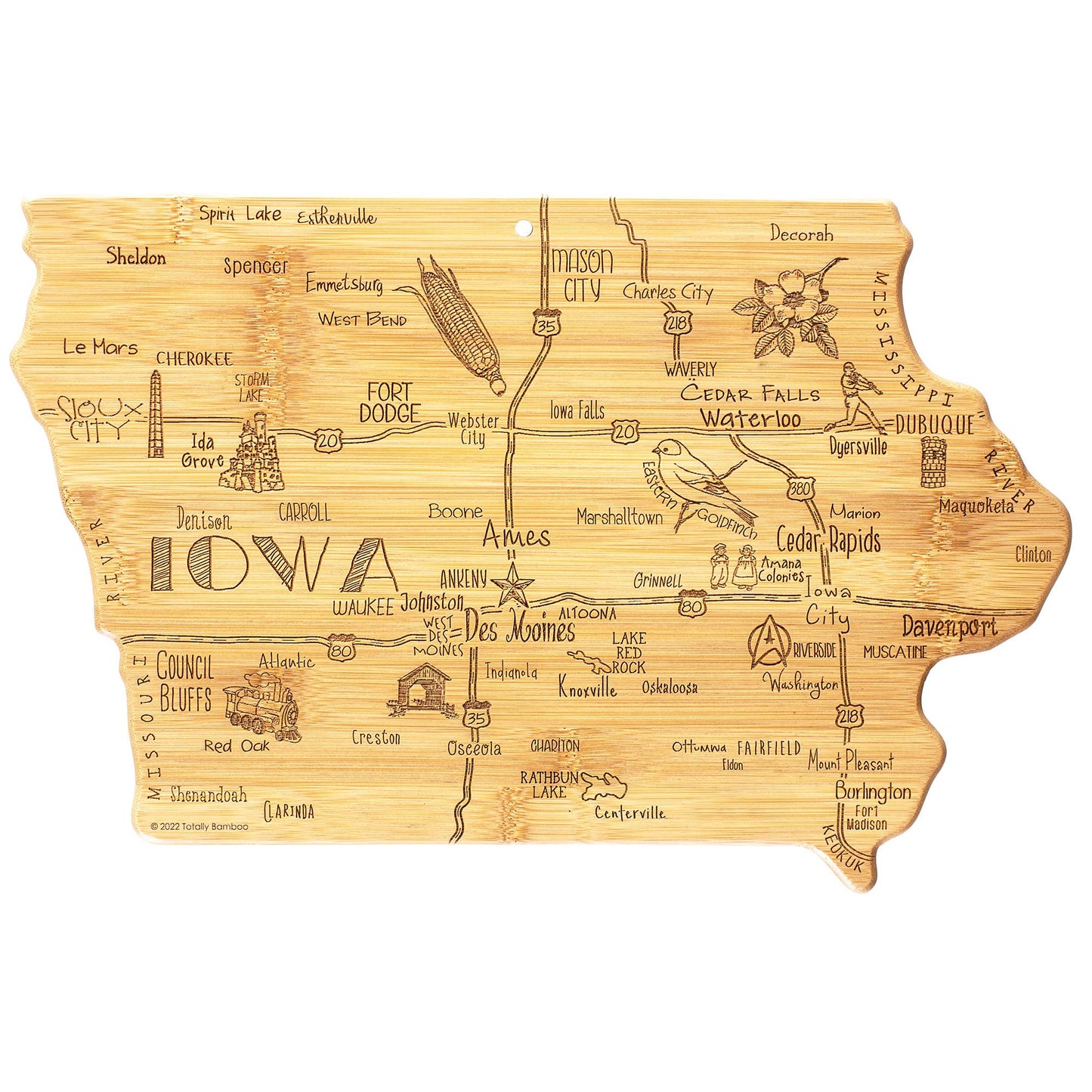 Destination Iowa Cutting Board with Engraved Artwork