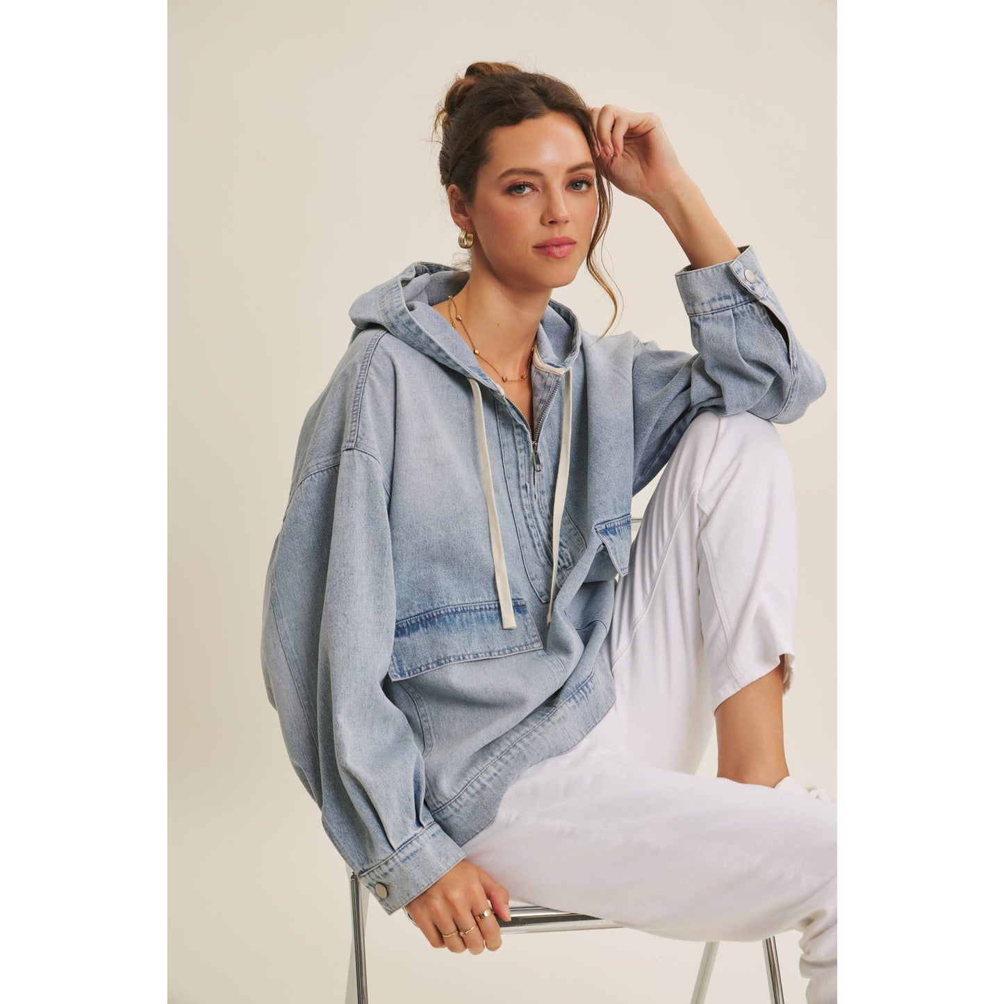 CRAVING COMFORT MINERAL-WASHED DENIM HOODED PULLOVER