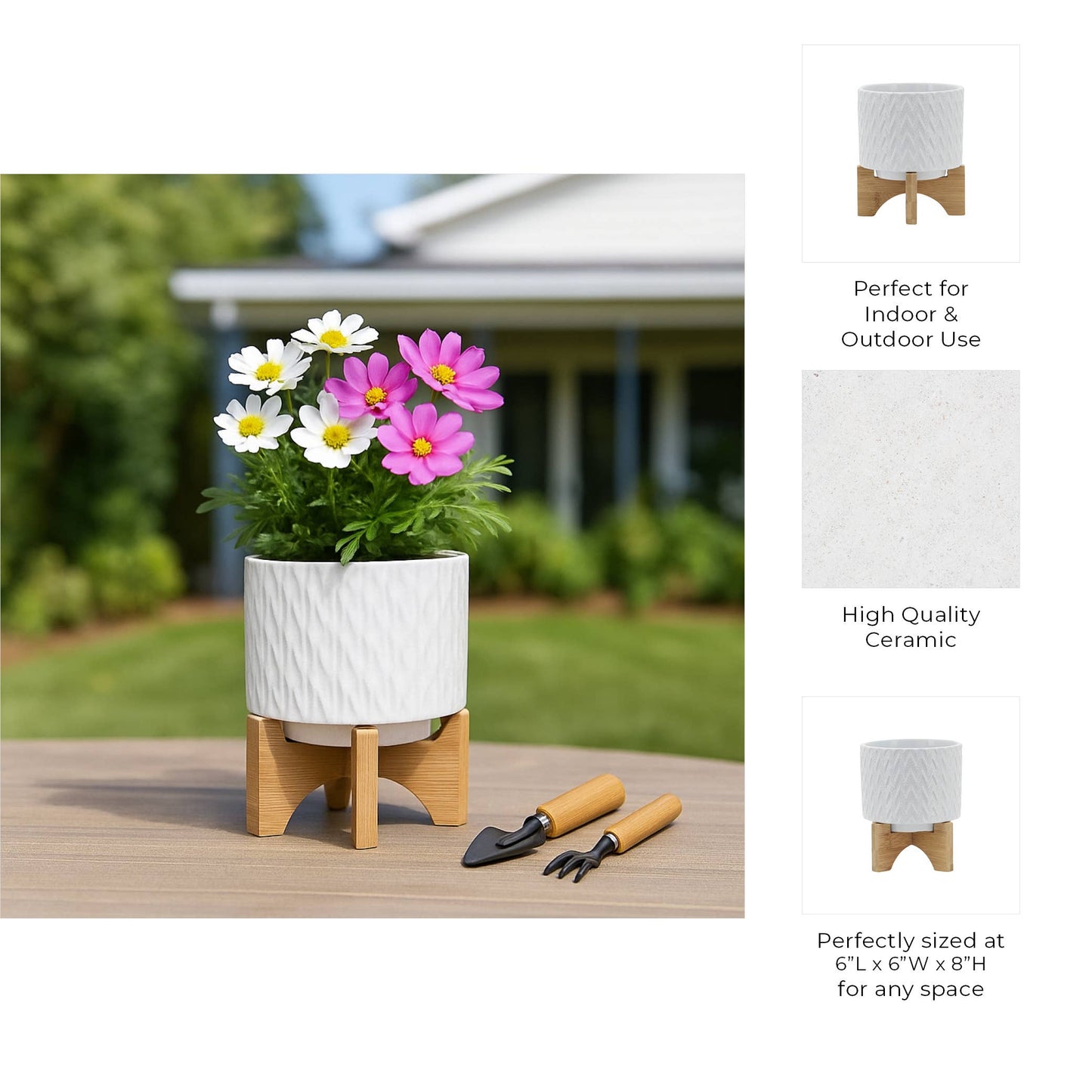 White Ceramic Round Chevron on Wood Stand