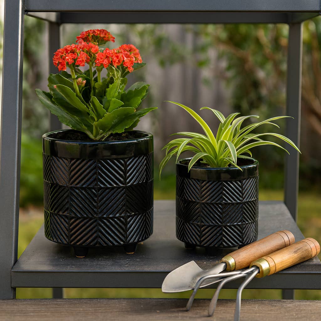Black Ceramic Textured Footed