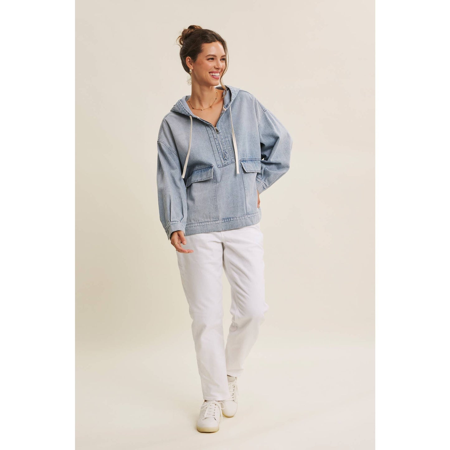 CRAVING COMFORT MINERAL-WASHED DENIM HOODED PULLOVER