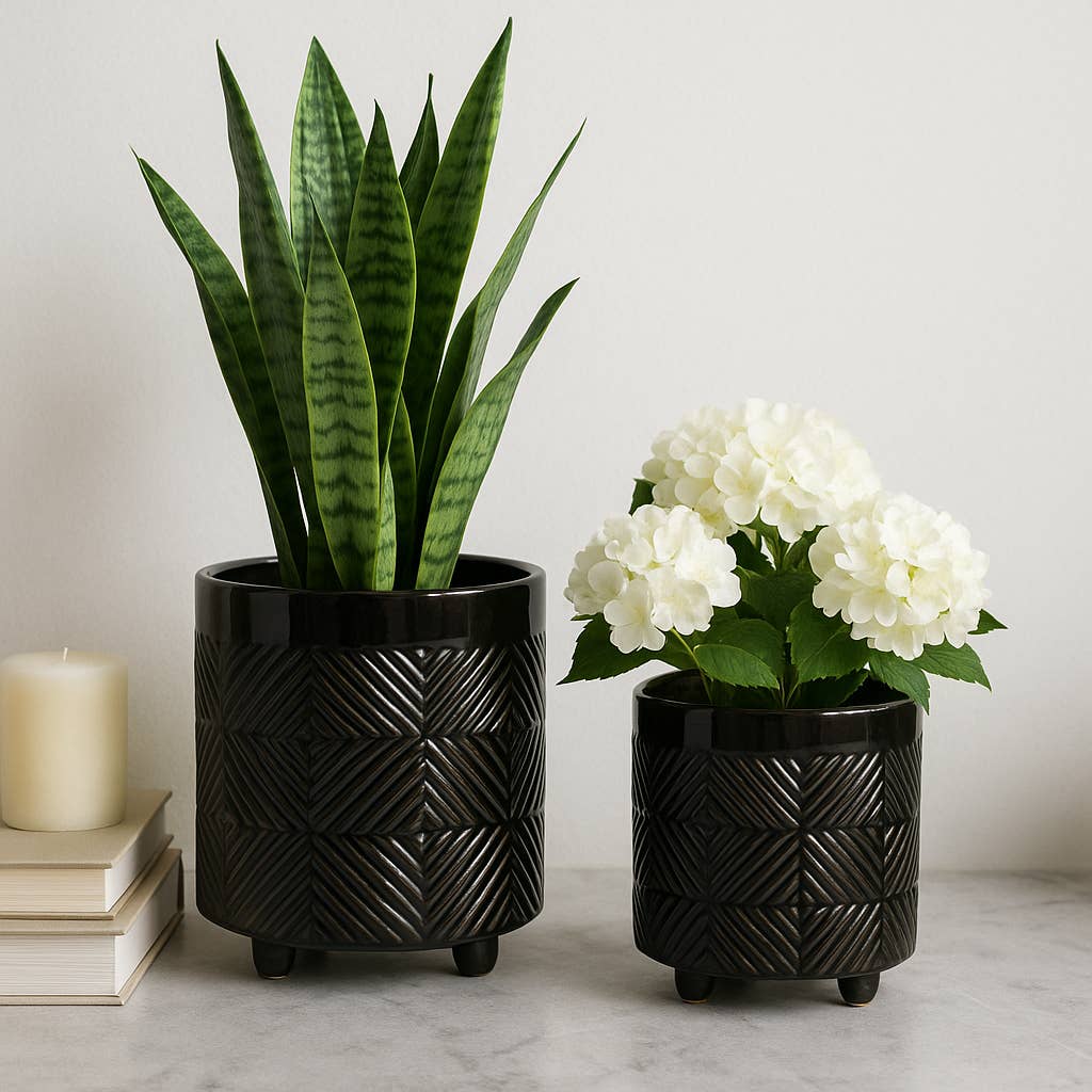Black Ceramic Textured Footed
